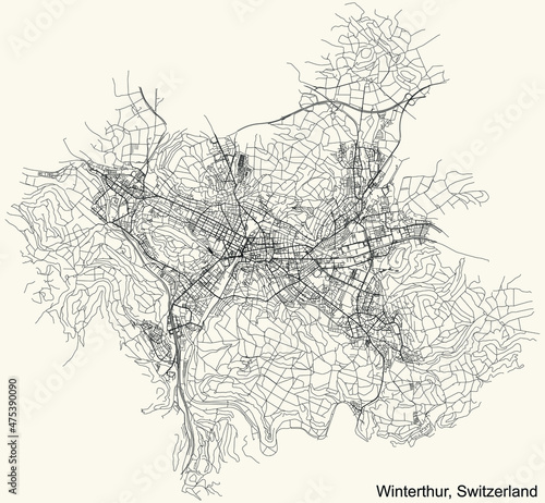 Detailed navigation urban street roads map on vintage beige background of the Swiss regional capital city of Winterthur, Switzerland
