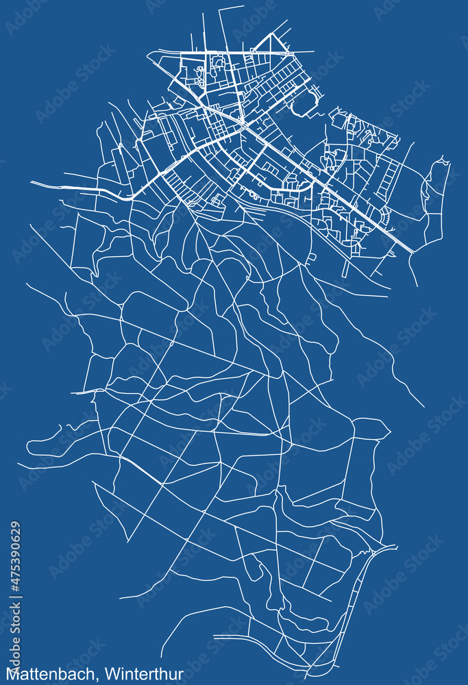 Detailed technical drawing navigation urban street roads map on blue background of the quarter Kreis 7 Mattenbach District of the Swiss regional capital city of Winterthur, Switzerland