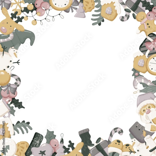 Christmas frame. Set of christmas items. Happy new year. Vector illustration. Hand-Drawn. Flat design.