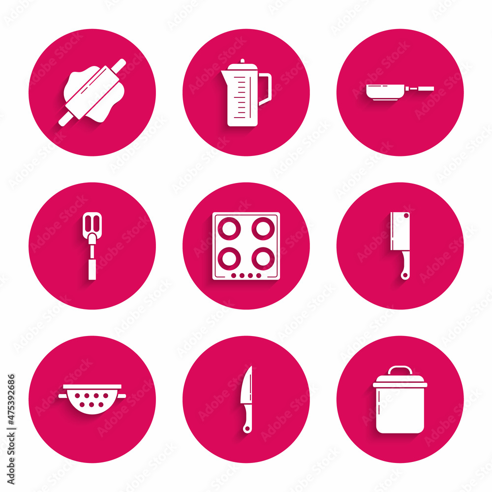 Set Gas stove, Knife, Cooking pot, Meat chopper, Kitchen colander, Spatula, Frying pan and Rolling pin icon. Vector Set Gas stove, Knife, Cooking pot, Meat chopper, Kitchen colander, Spatula, Frying pan and Rolling pin icon. Vector