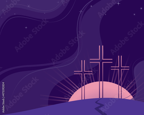 Religious Lenten season flat vector background. Hand drawn Christian symbol. Sacrament biblical church cross cartoon. Catholic bible Holy week design element. Religion sign template illustration