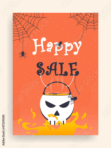 Skull cup.Happy Halloween banner with skull, fire, web and spiders. Halloween poster designs with symbols and calligraphy.
