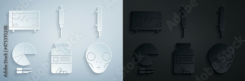Set Medicine bottle and pills, Meteorology thermometer measuring, Pie chart infographic, Extraterrestrial alien face, Syringe and Computer monitor with cardiogram icon. Vector