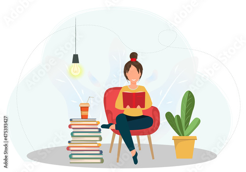 Young happy woman sitting in the armchair and reading the book, hobby concept, education concept, flat vector illustration