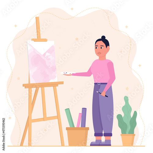 A girl artist paints on an easel. Vector illustration in a flat style