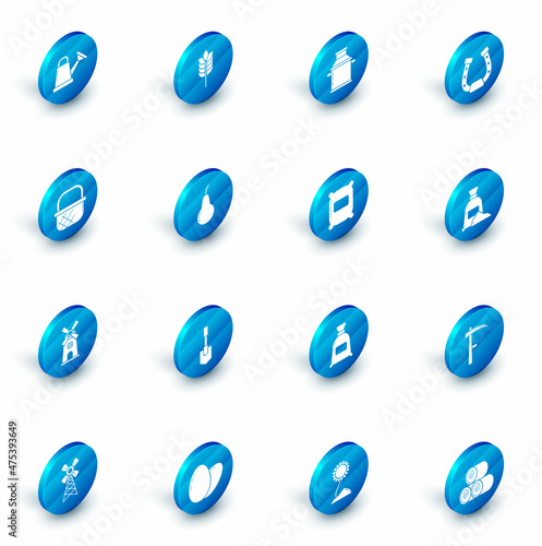 Set Cereals with rice, wheat, corn, oats, rye, Can container for milk, Horseshoe, Shopping basket, Windmill, Pear, Bag of flour and icon. Vector