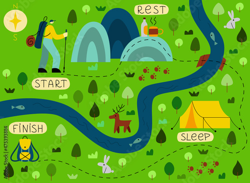 Horizontal banner with trail map, hiking route or footpath. Map for camping, hiking, outdoor nordic walking, local tourism. Colorful vector illustration in flat cartoon style.