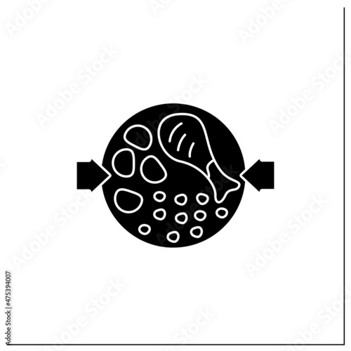 Health food glyph icon. Chicken with crushed harissa chickpeas on plate. Balanced nutrition. Small portion. Dash diet concept. Filled flat sign. Isolated silhouette vector illustration