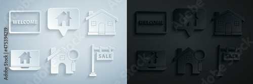 Set Search house, House, Laptop and smart home, Hanging sign with text Sale, Map pointer and Doormat the Welcome icon. Vector
