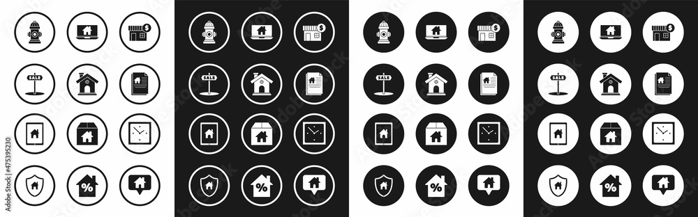 Set House with dollar symbol, Hanging sign text Sale, Fire hydrant, contract, Laptop and smart home, Clock and Tablet icon. Vector Set House with dollar symbol, Hanging sign text Sale, Fire hydrant, contract, Laptop and smart home, Clock and Tablet icon. Vector