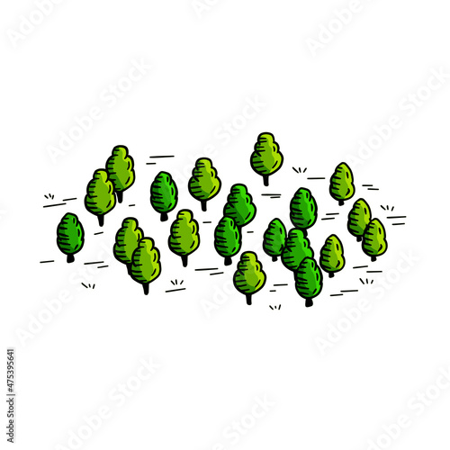 Trees for map. Hand drawn Green forest. Sketch park area. Outline cartoon illustration
