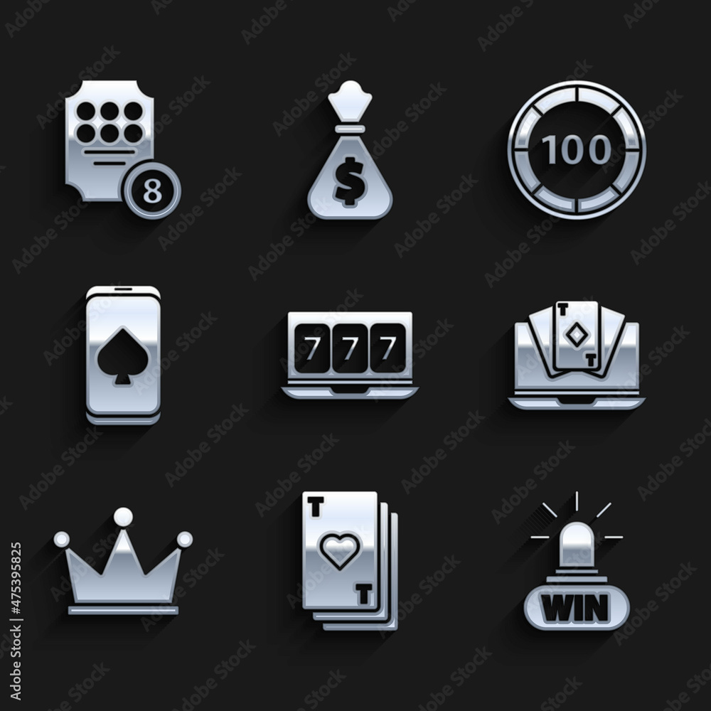 Set Online slot machine with lucky sevens jackpot, Playing card heart, Casino win, poker table game, Crown, chips and icon. Vector Set Online slot machine with lucky sevens jackpot, Playing card heart, Casino win, poker table game, Crown, chips and icon. Vector