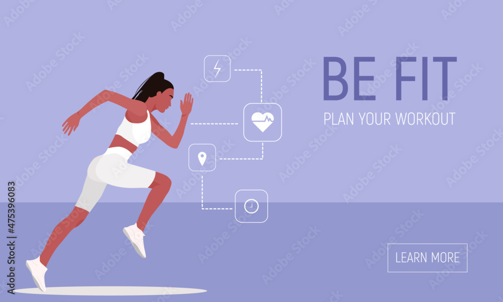 Fototapeta premium Running female. Concept of fitness woman. Tracking of pulse. Runners - a woman running and exercising outside, website template