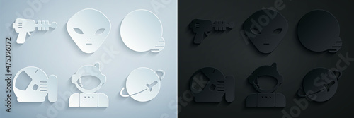 Set Astronaut, Planet, helmet, Alien and Ray gun icon. Vector