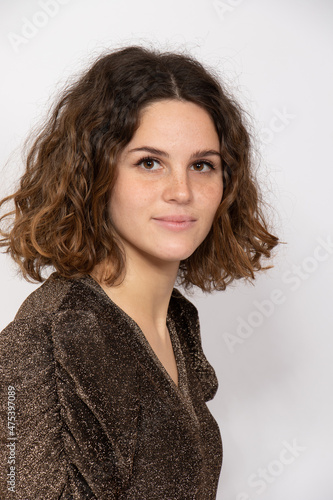 Brunette woman look to camera isolated in white background