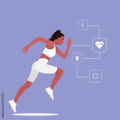 Running female. Tracking of physical data. Fitness woman. Vector of fitness female running using mobile phone app to keep control balance weight and heart beat