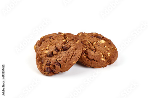 Chocolate chip cookies, isolated on white background.