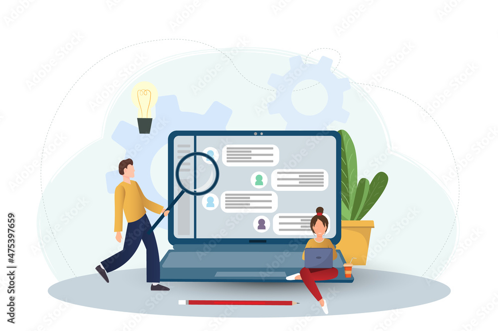 People working with notebook chatting in the internet, online work concept, team comunication concept, flat vector illustration