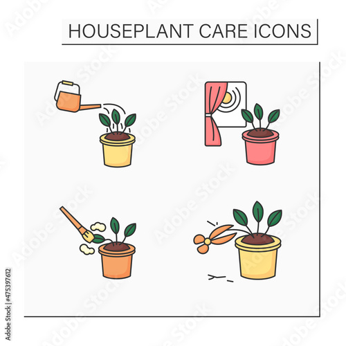 Houseplants care color icons set. Remove dying leaves, lighting houseplant, watering houseplant, dust from plants. Gardening concept.Isolated vector illustrations