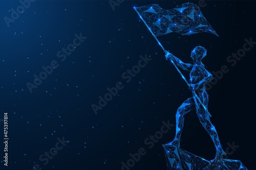 The man at the top is waving a flag. Polygonal design of interconnected lines and points. Blue background.