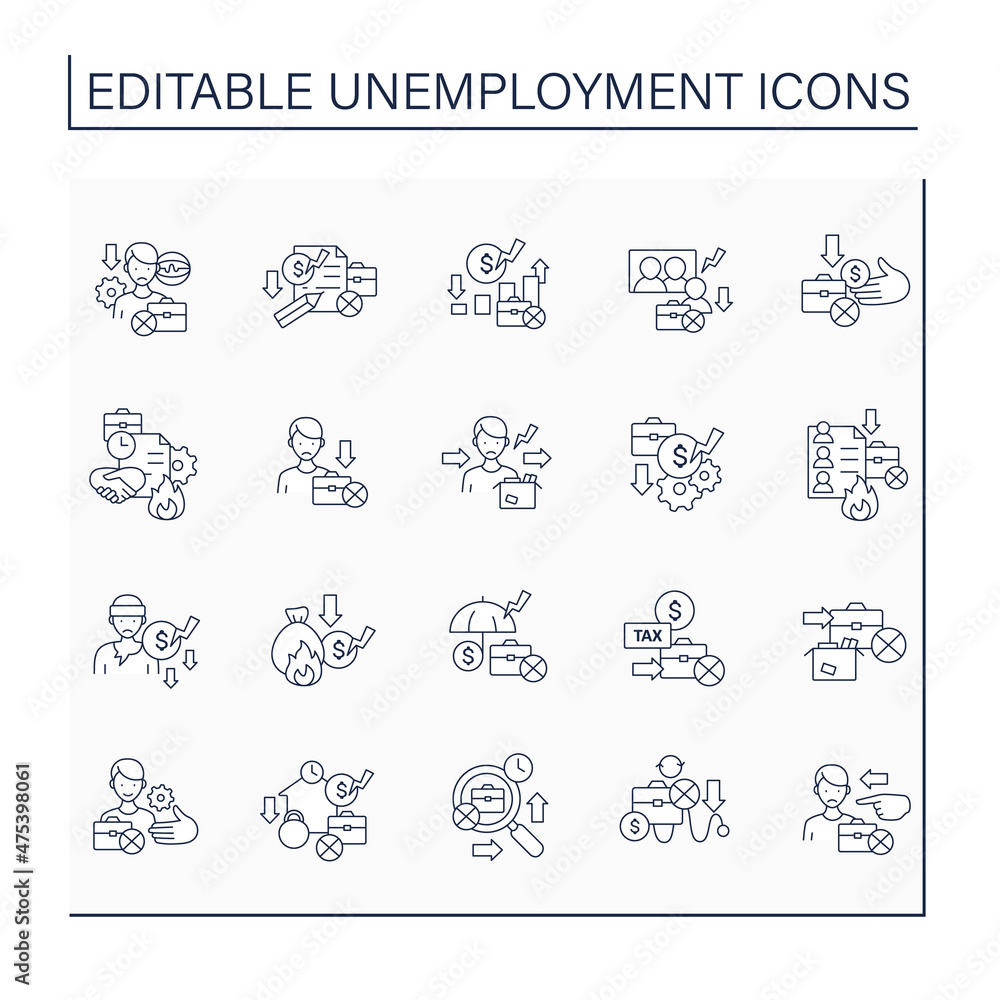 Unemployment line icons set. Unemployment variation. Documentation. Employee rights, protection, benefits. Joblessness concept. Isolated vector illustrations.Editable stroke Unemployment line icons set. Unemployment variation. Documentation. Employee rights, protection, benefits. Joblessness concept. Isolated vector illustrations.Editable stroke