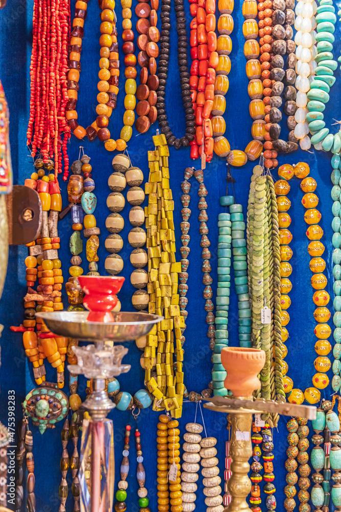 Middle East, Arabian Peninsula, Oman, Muscat, Muttrah. Beaded necklaces for sale at the Muttrah souk.
