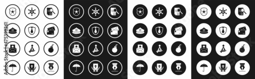 Set Document with search, Tie, Police cap cockade, badge, Envelope, Hexagram sheriff, Bomb ready to explode and The arrest warrant icon. Vector