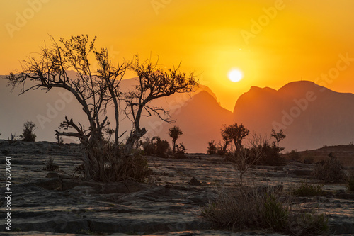 Middle East  Arabian Peninsula  Oman  Ad Dakhiliyah  Al Hamra. The sun setting over mountains in the desert of Oman.