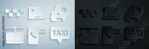 Set Taxi call telephone service, Map pointer with taxi, Cable car, Laptop location marker and roof icon. Vector