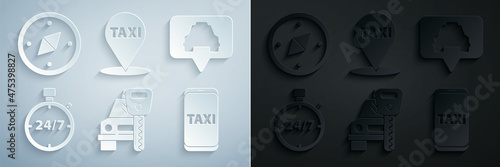 Set Car rental, Map pointer with taxi, Stopwatch 24 hours, Taxi call telephone service, and Compass icon. Vector