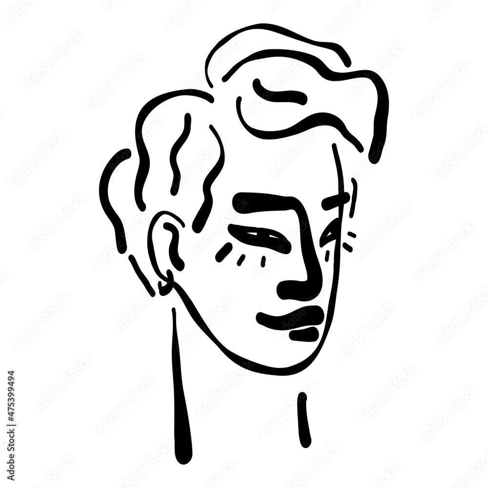 Obraz premium Contemporary Asian American trendy young man, teenager artistic line art portrait, stylish line art guy's face.