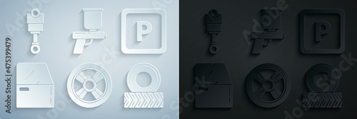 Set Car wheel, Parking, door, Paint spray gun and Engine piston icon. Vector