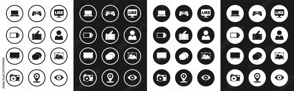 Set Like in speech bubble, Hand like, Battery charge level indicator, Laptop, Add friend, Gamepad, Picture landscape and Smart Tv icon. Vector Set Like in speech bubble, Hand like, Battery charge level indicator, Laptop, Add friend, Gamepad, Picture landscape and Smart Tv icon. Vector