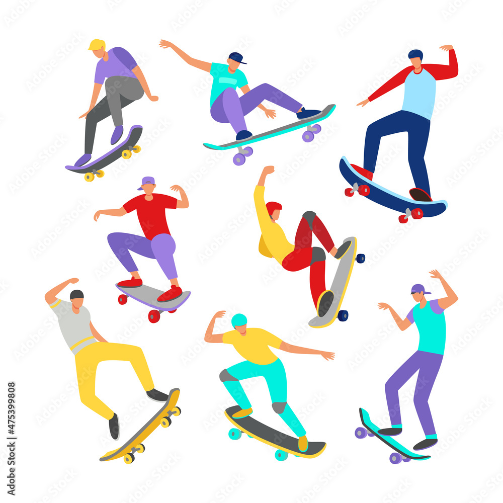 Set of modern skateboarders jumping with skateboards. Contemporary street activity. Vector flat illustration isolated on white background.