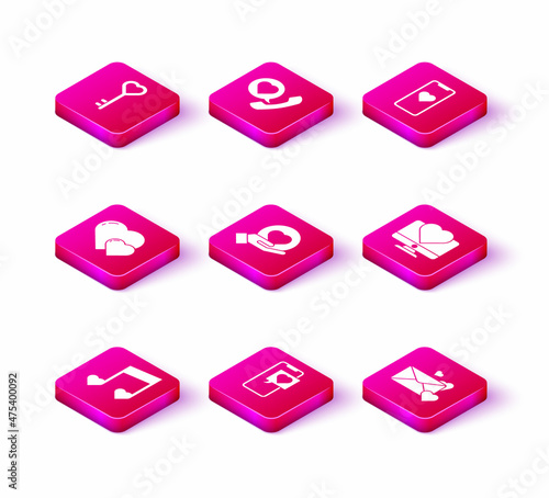 Set Music note, tone with hearts, Smartphone speech bubble, Heart, hand, Envelope, Computer monitor, Mobile and Telephone icon. Vector