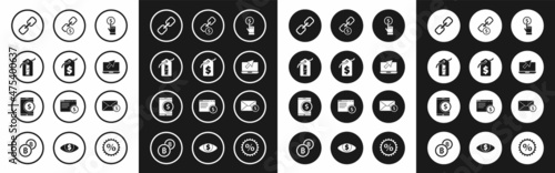 Set Hand holding coin, Price tag with dollar, New, Chain link, Laptop cursor, Envelope and Tablet icon. Vector