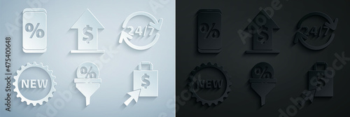 Set Lead management, Clock 24 hours, Price tag with New, Shoping bag and dollar, Financial growth coin and Percent discount mobile icon. Vector