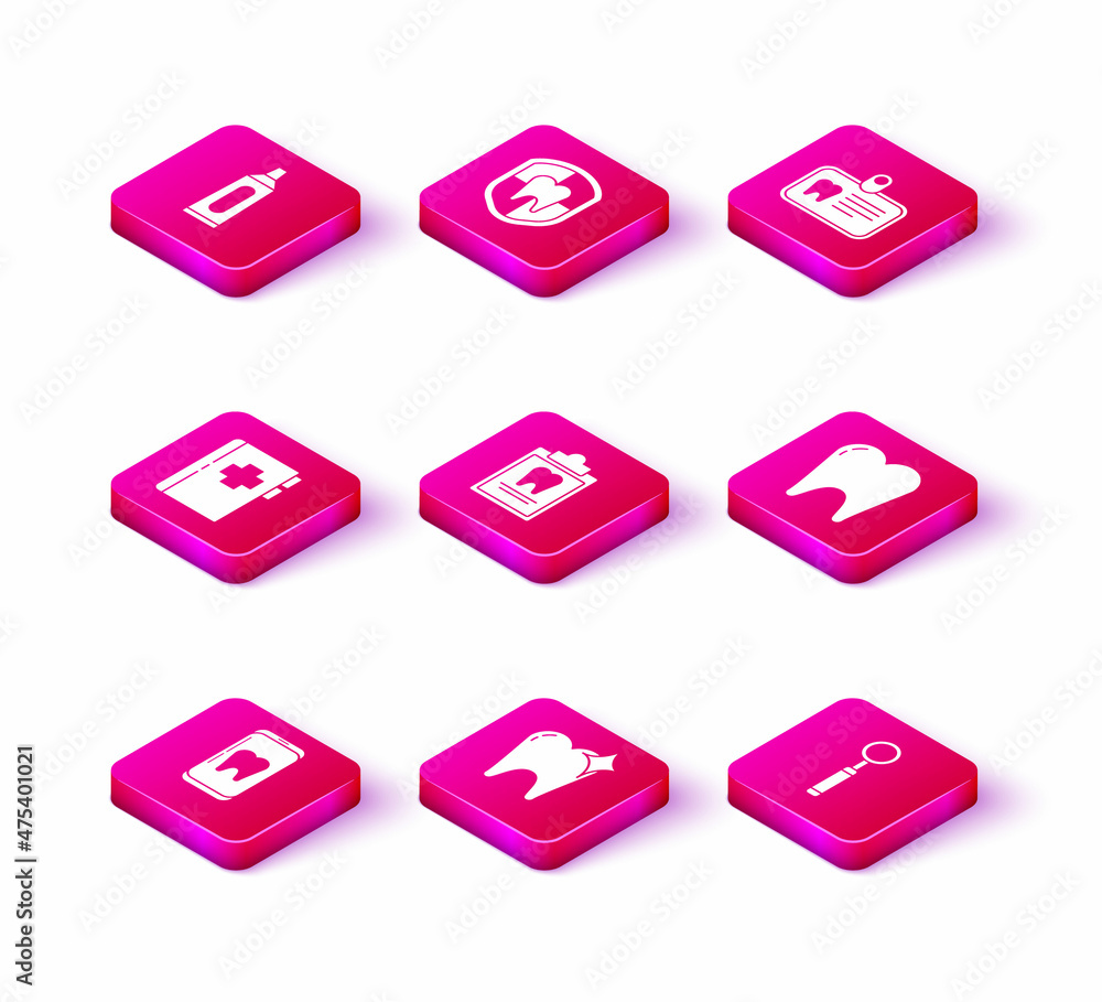 Set Online dental care, Tooth whitening concept, Clipboard with card, Dental inspection mirror, Id tooth and protection icon. Vector Set Online dental care, Tooth whitening concept, Clipboard with card, Dental inspection mirror, Id tooth and protection icon. Vector