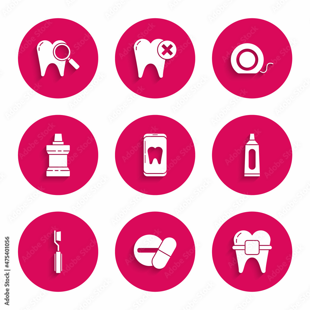 Set Online dental care, Medicine pill or tablet, Teeth with braces, Tube of toothpaste, Toothbrush, Mouthwash plastic bottle, Dental floss and search icon. Vector Set Online dental care, Medicine pill or tablet, Teeth with braces, Tube of toothpaste, Toothbrush, Mouthwash plastic bottle, Dental floss and search icon. Vector