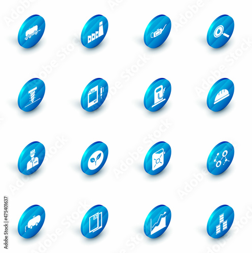 Set Oil industrial factory building, Canister for motor oil, drop, Rotating drill digging hole, Oilman, Contract money and pen, Worker safety helmet and Petrol gas station icon. Vector