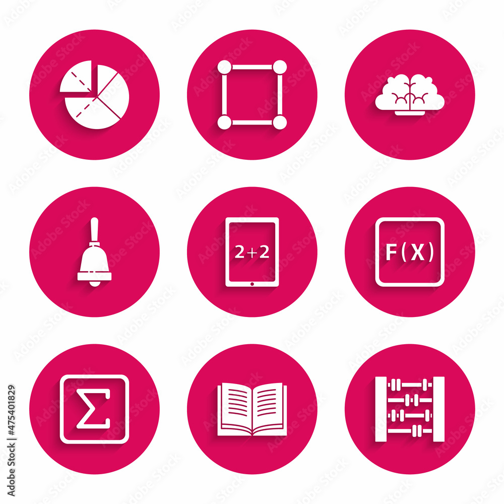 Set Tablet with calculator, Open book, Abacus, Function mathematical symbol, Sigma, Ringing bell, Human brain and Graph, schedule, chart, diagram icon. Vector Set Tablet with calculator, Open book, Abacus, Function mathematical symbol, Sigma, Ringing bell, Human brain and Graph, schedule, chart, diagram icon. Vector
