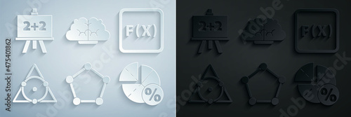 Set Geometric figure Pentagonal prism, Function mathematical symbol, Triangle, Graph, schedule, chart, diagram, Human brain and Chalkboard icon. Vector