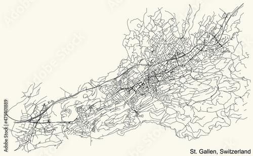 Detailed navigation urban street roads map on vintage beige background of the Swiss regional capital city of St. Gallen, Switzerland