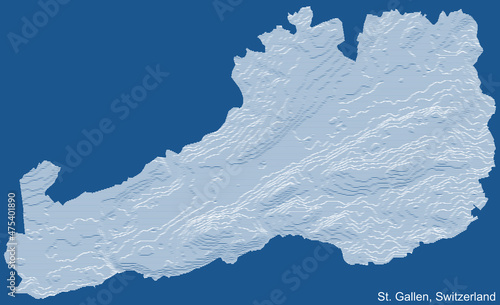 Topographic technical drawing relief map of the city of St. Gallen, Switzerland with white contour lines on blue background © Momcilo