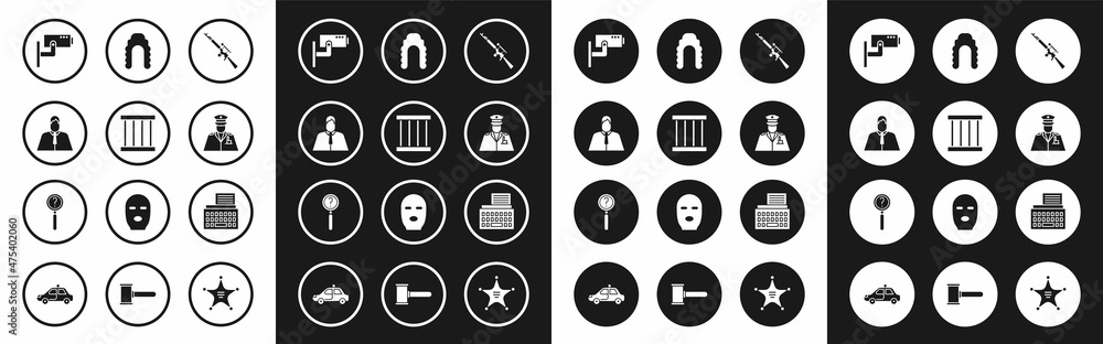Set Sniper rifle with scope, Prison window, Lawyer, attorney, jurist, Security camera, Police officer, Judge wig, Retro typewriter and Magnifying glass search icon. Vector