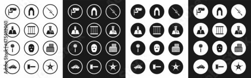 Set Sniper rifle with scope, Prison window, Lawyer, attorney, jurist, Security camera, Police officer, Judge wig, Retro typewriter and Magnifying glass search icon. Vector