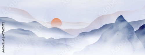 Watercolor art background with mountains and hills in the fog in oriental style. Landscape banner in blue tones for interior design, wallpaper, print
