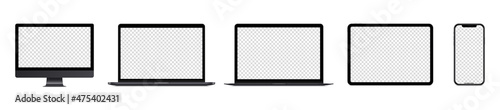 Realistic devices mockup dark set :  Isolated smartphone, phone, laptop computer, tablet,  monitor, on white background. Editable empty screen device. Vector  illustration.