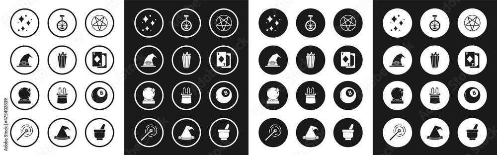 Set Pentagram in a circle, Popcorn box, Witch hat, Sparkle stars with magical glitter, Playing cards, Unicycle one wheel bicycle, Magic ball of predictions and icon. Vector