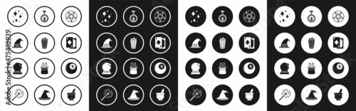 Set Pentagram in a circle, Popcorn box, Witch hat, Sparkle stars with magical glitter, Playing cards, Unicycle one wheel bicycle, Magic ball of predictions and icon. Vector